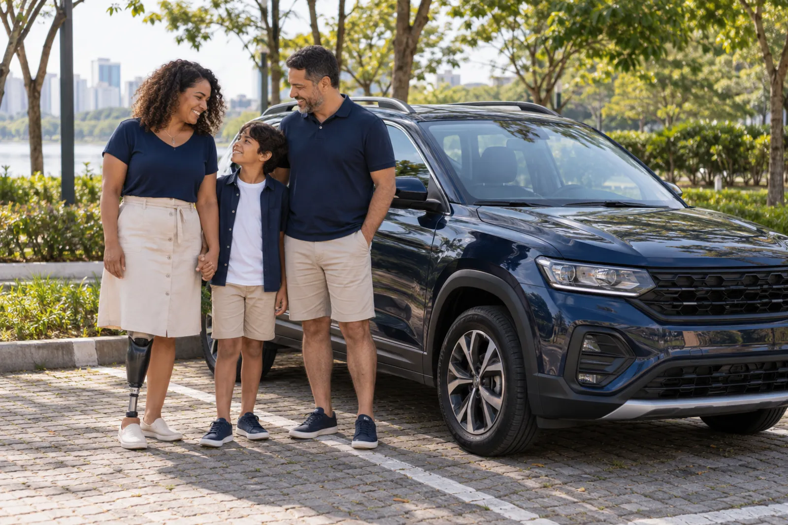 Família com uma criança ao lado de um SUV azul; a mulher usa prótese de perna